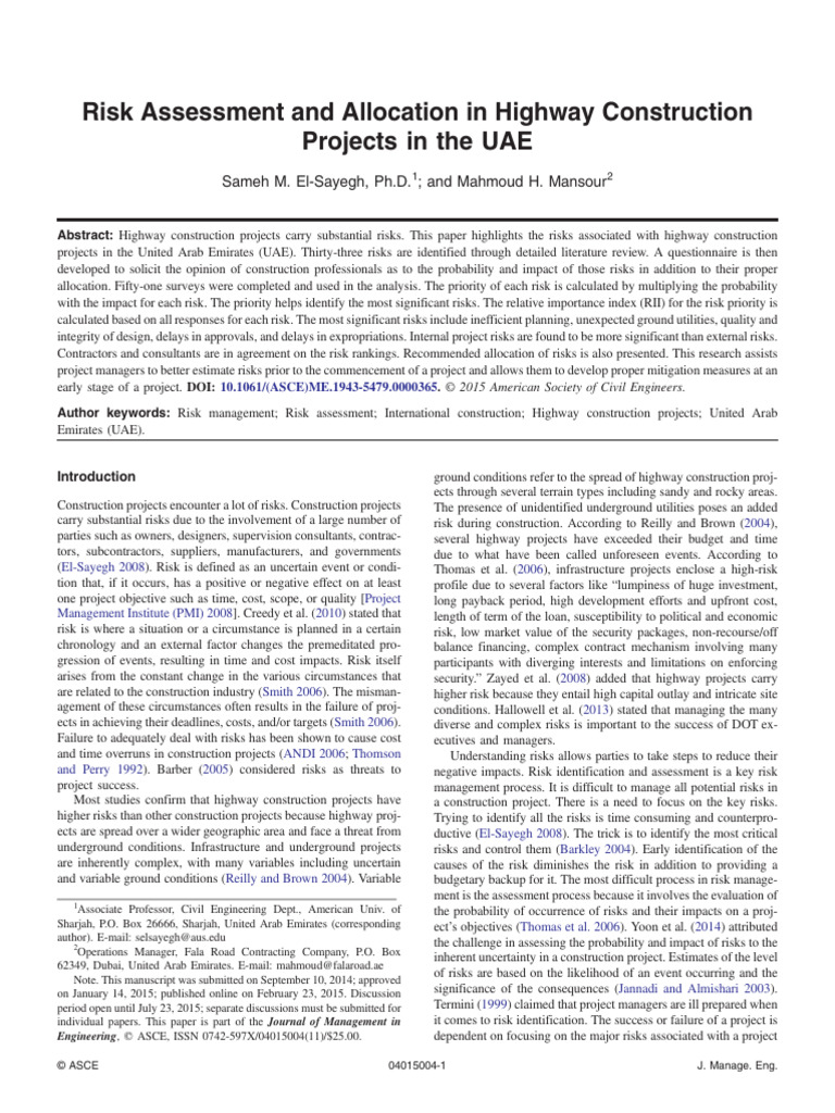 Risk Assesment and Allocation in Highway Construction Projects in UAE ...
