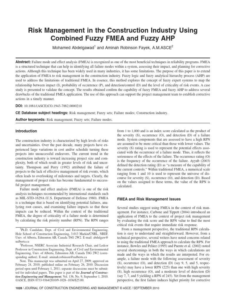 Risk Management in The Construction Industry Using Combine Fuzzy FMEA ...