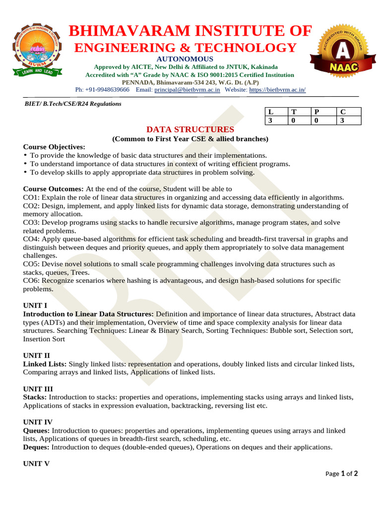 Data Structures Course Overview at BIET | PDF | Theoretical Computer ...