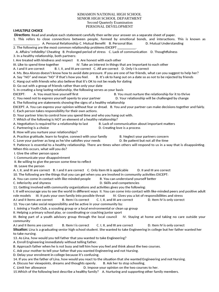 Personal Development Exam 2nd Quarter | PDF | Infidelity | Intelligence