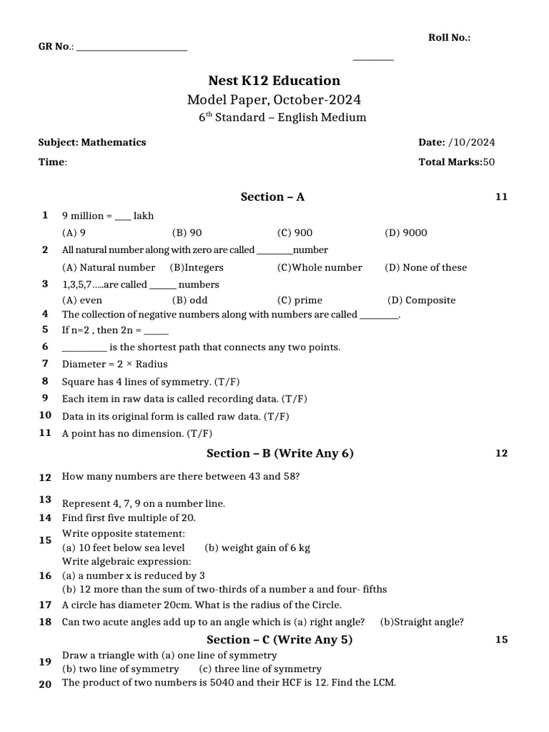 STD 6 Model Paper Maths | PDF | Numbers | Integer