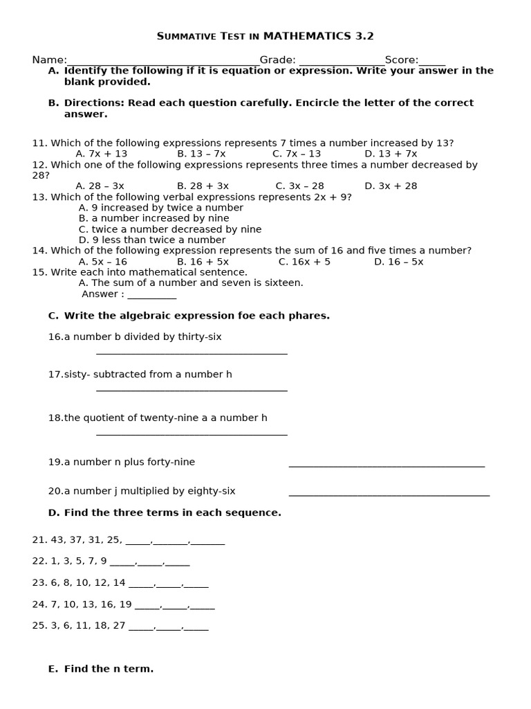 Mathematics 3.2 Summative Test | PDF