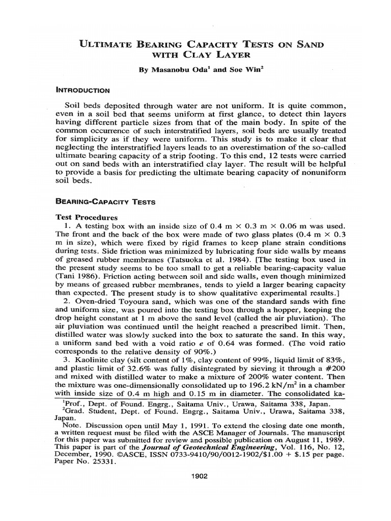 Win Oda 1990 Ultimate Bearing Capacity Tests On Sand With Clay Layer ...