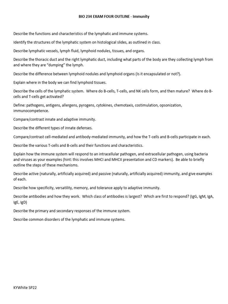 BIO 234 Exam 4 Outline - Lymphatic System and Immunity | PDF