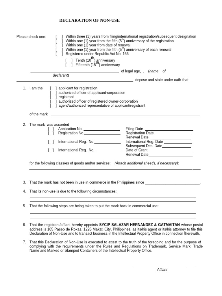 Declaration of Non-Use for Trademark | PDF | Affidavit | Justice