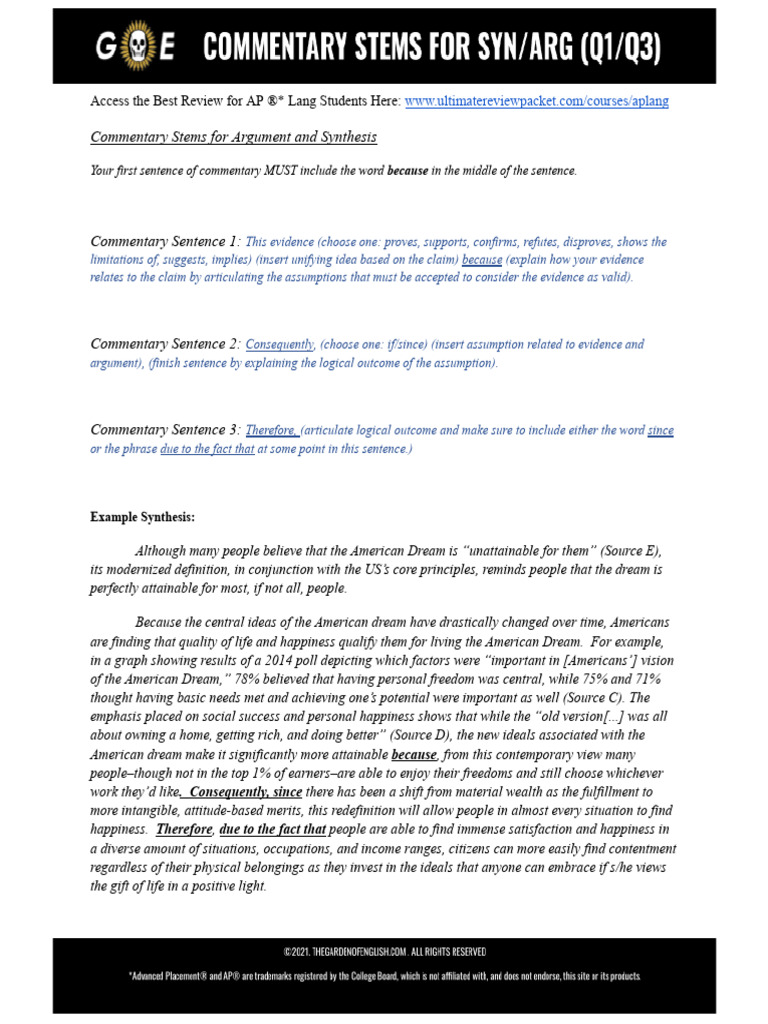 Commentary Stems For Syn - Arg (Q1 - Q3) | PDF | Evidence | Happiness