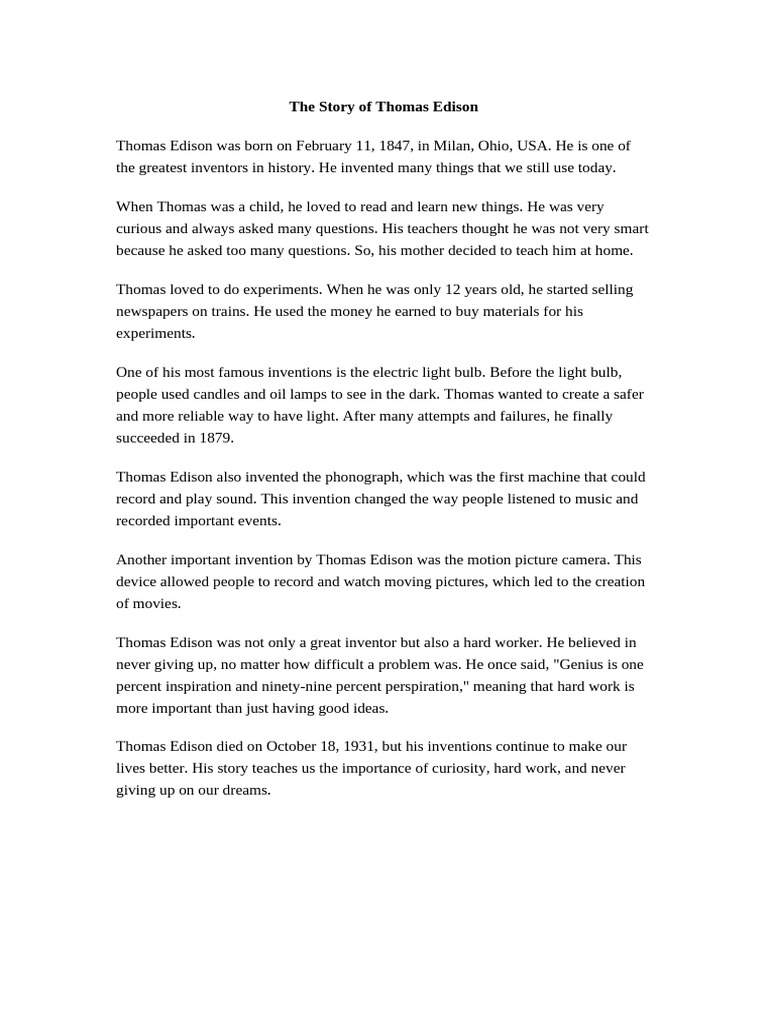 The Inspiring Story of Thomas Edison | PDF