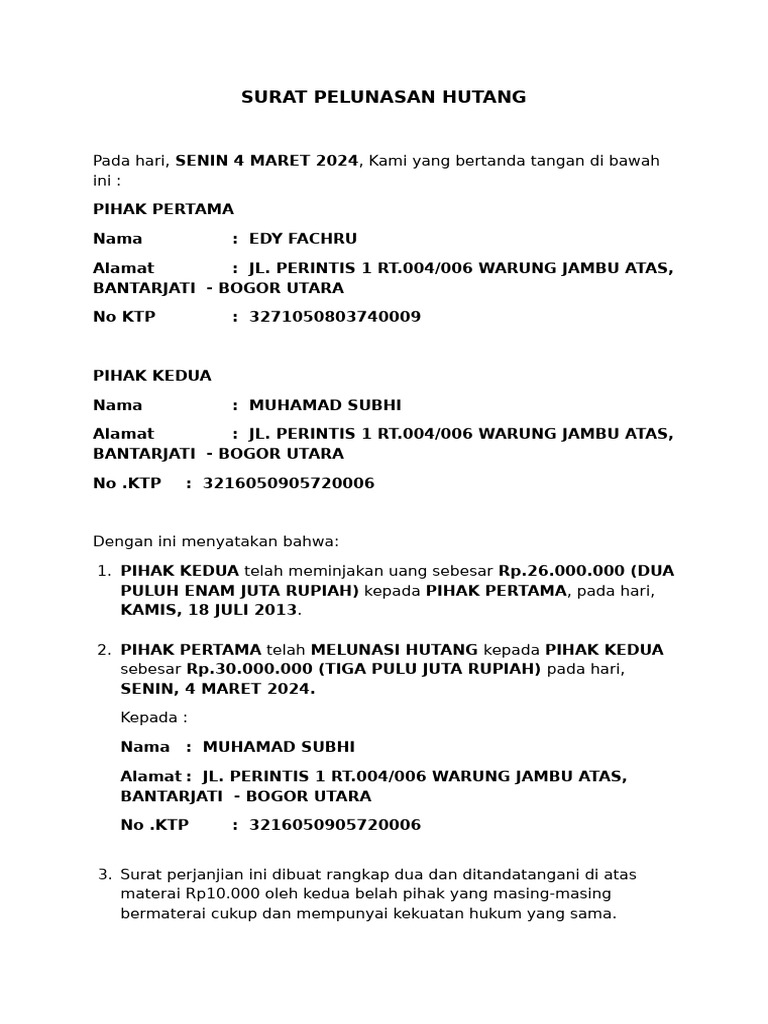 Surat Pelunasan Hutang | PDF