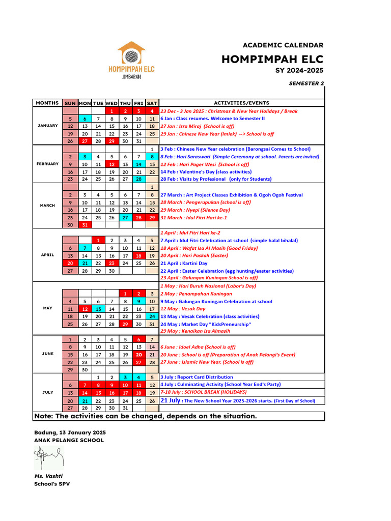 Academic Calendar of HOMPIMPAH ELC (Sem 2 2025) PDF Academic Term Academic Calendar of HOMPIMPAH ELC (Sem 2 2025) PDF Academic Term