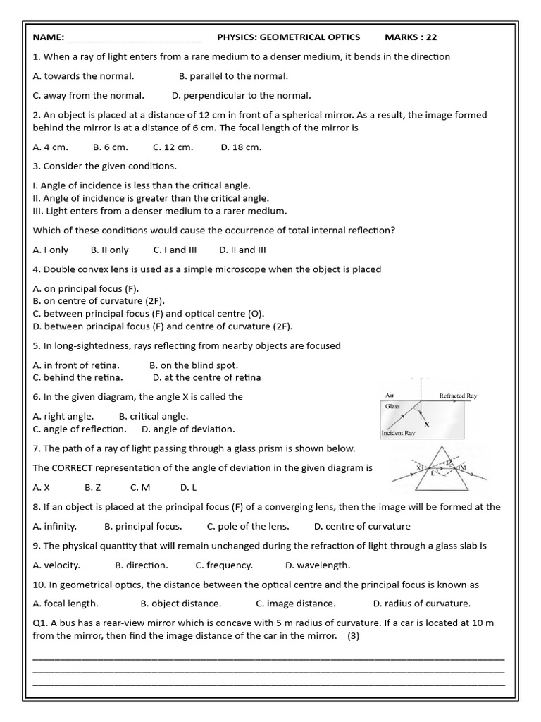 Physics X Test Geometrical Optics | PDF | Optics | Mirror