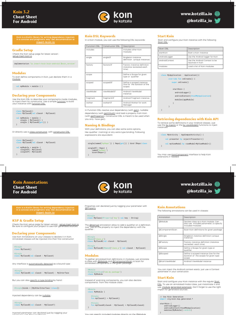 Koin Dependency Injection Cheat Sheet | PDF | Class (Computer ...