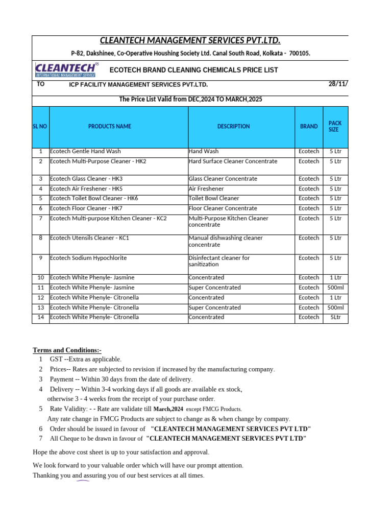 Ecotech Chemicals Price List - 28.10.24 | PDF | Cleaning | Home