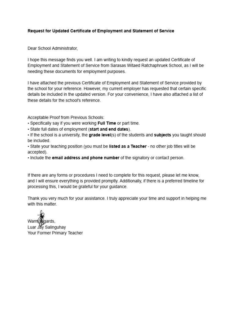 Updated Employment Certificate Request | PDF