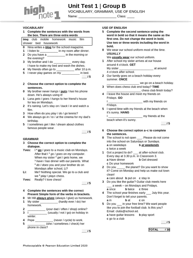 HighNote1 Unit Language Test Unit01 GroupB | PDF | Workweek And Weekend ...