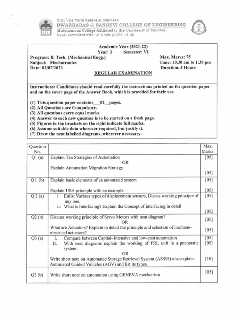 Mech Sem VI Mechatronics | PDF