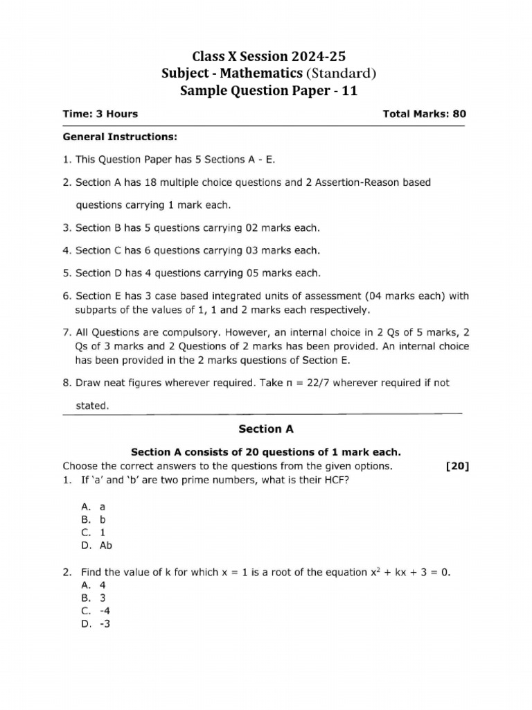 Class X Math Sample Paper 2024-25 | PDF