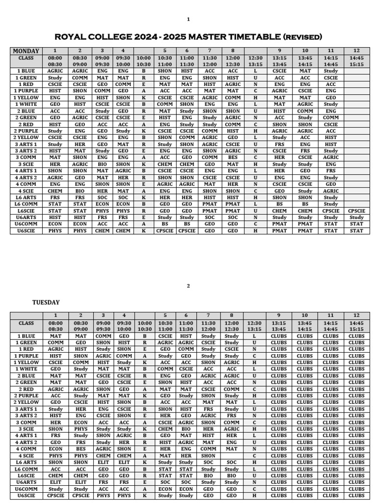 Royal College 2024-2025 Timetable | PDF