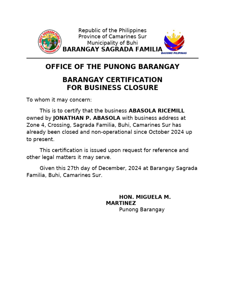 Certificate business closure | PDF