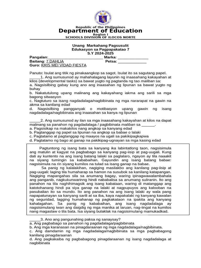 1st Quarterly Examination Espp 7 | PDF