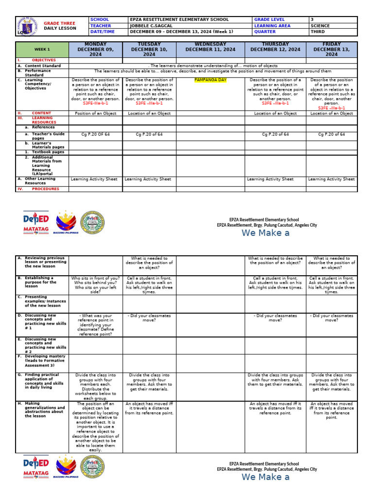 SCIENCE DLL - Q3 - W1 W7 - Dec.09 February 072025 | PDF | Teachers ...