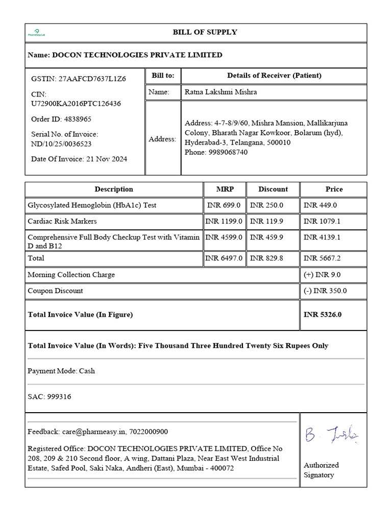 Invoice for Medical Tests from DOCON PDF