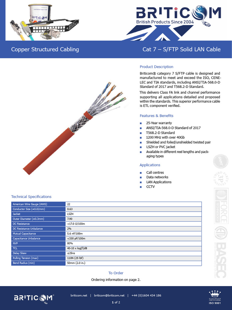 Cat 7 - S FTP Solid LAN Cable | PDF | Telecommunications | Manufactured ...