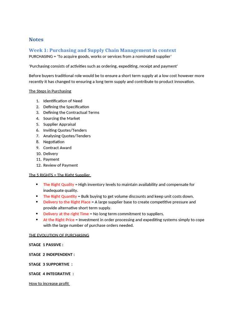 Notes Week 1 Purchasing and Supply Chain | PDF | Liquidated Damages ...