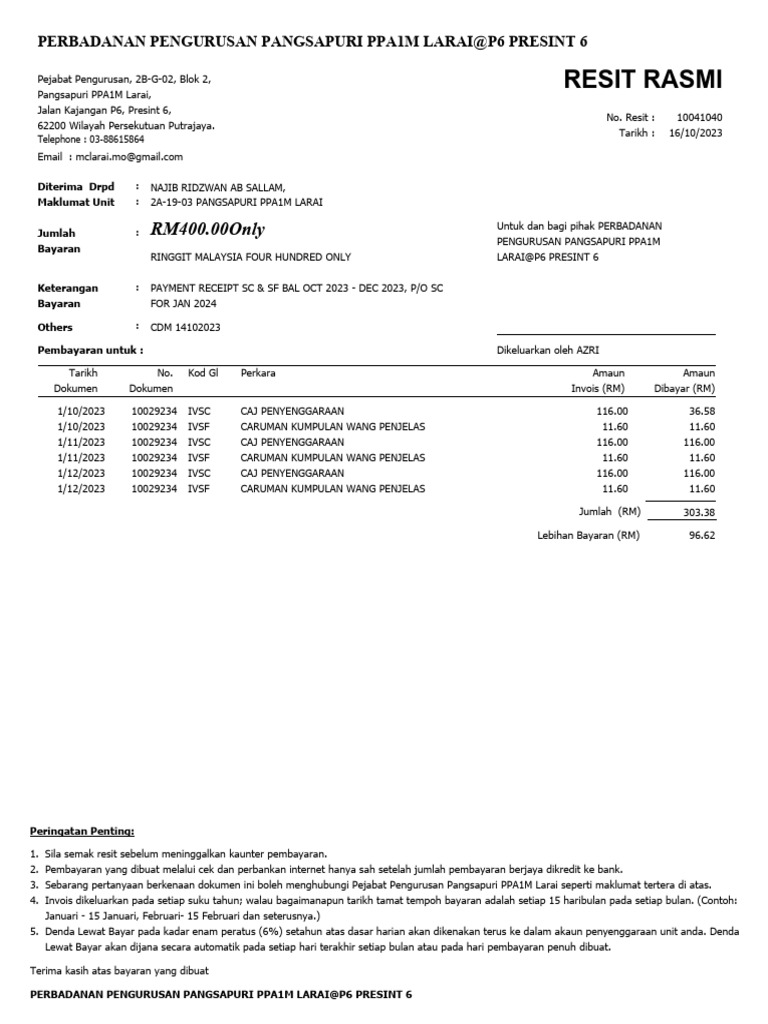 Resit Pembayaran Pangsapuri PPA1M | PDF