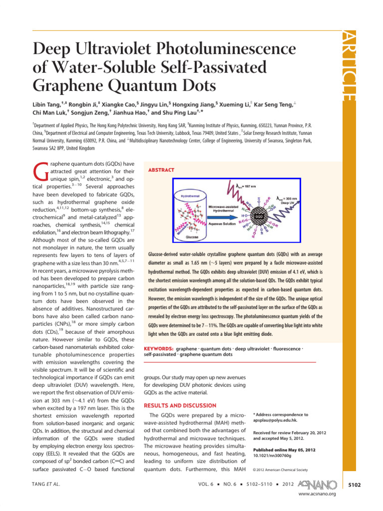 Deep UV Emission from Graphene Quantum Dots | PDF | Emission Spectrum ...