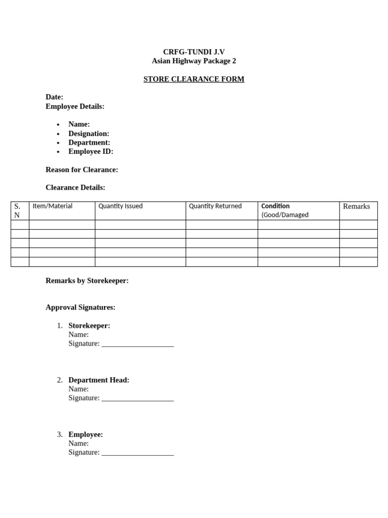 Store Clearance Form Template | PDF