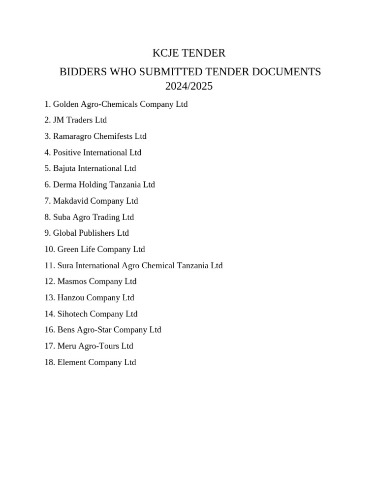KCJE 2024/2025 Tender Bidders List | PDF