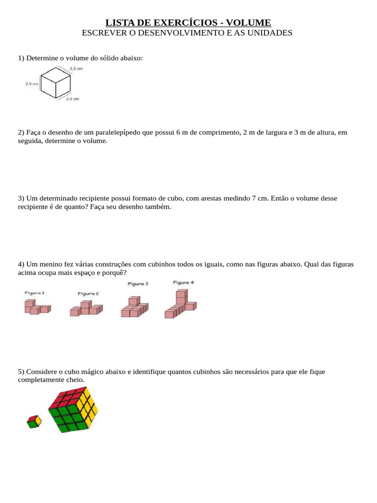 Exercícios de Volume e Conversão de Unidades | PDF | Metro | Volume