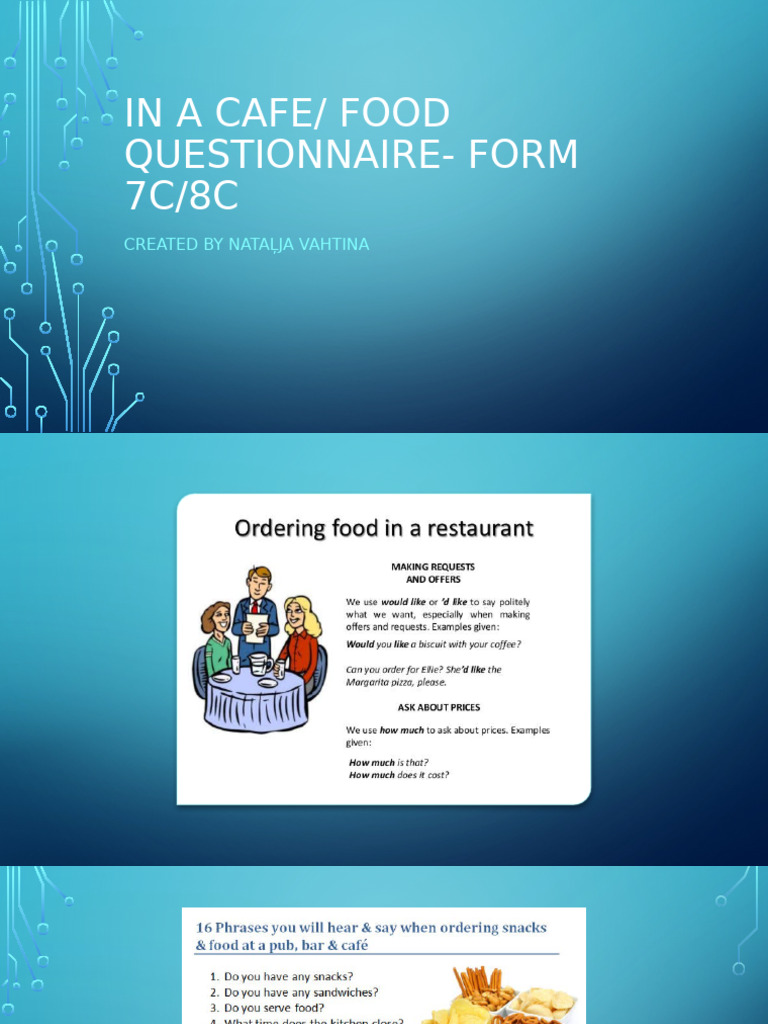 In a cafe, food questionnaire- form 7c and 8c (1) (1) | PDF