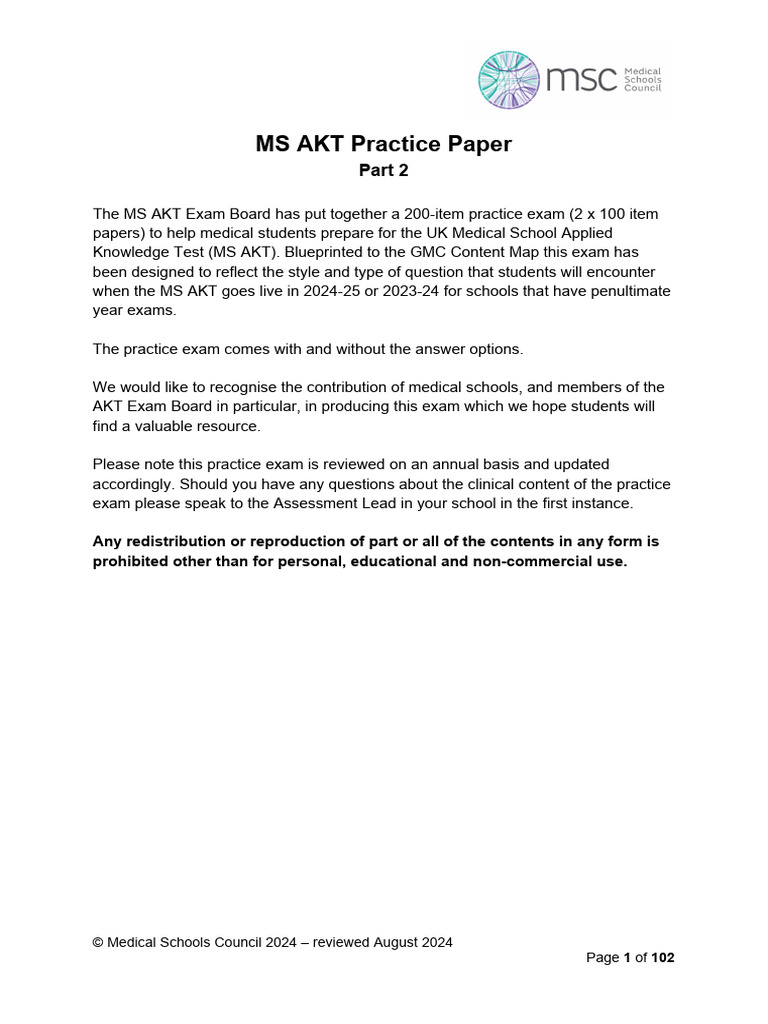 MS AKT Practice Exam Part 2 | PDF | Vitamin B12 | Medical Specialties