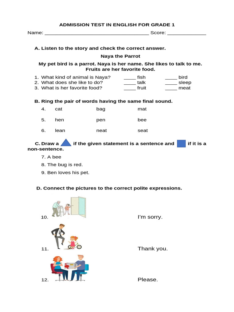 Grade 1 English Admission Test Worksheet | PDF
