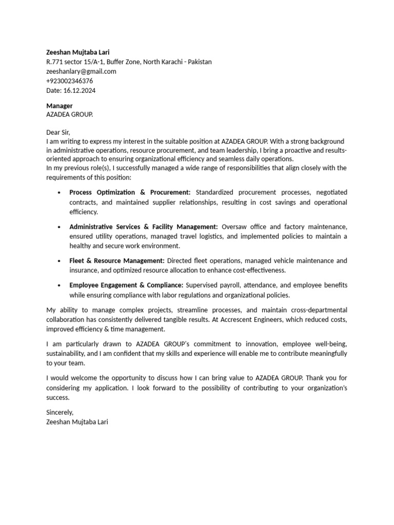 Cover Note - Azadea Group | PDF