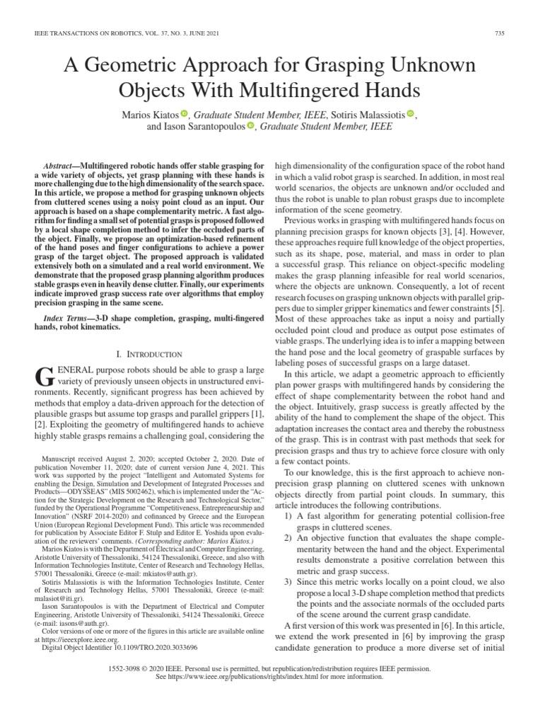 A Geometric Approach For Grasping Unknown Objects With Multifingered ...