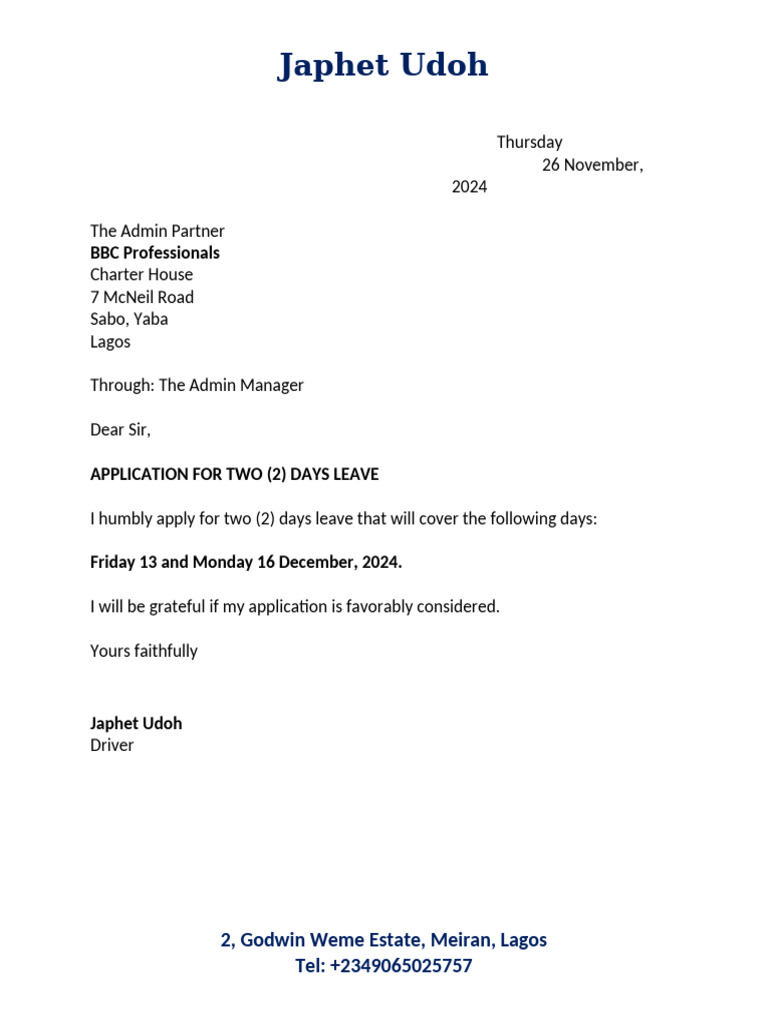 Leave Application for December 2024 | PDF