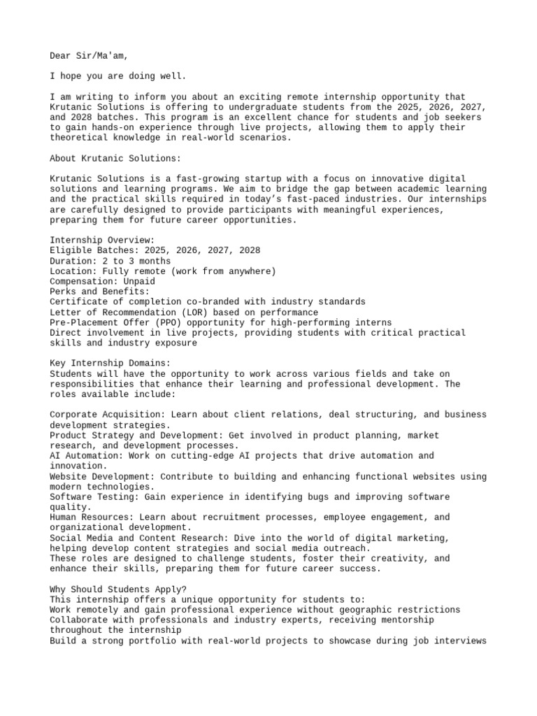 Remote Internship for Undergraduates 2025-2028 | PDF | Internship | Job ...