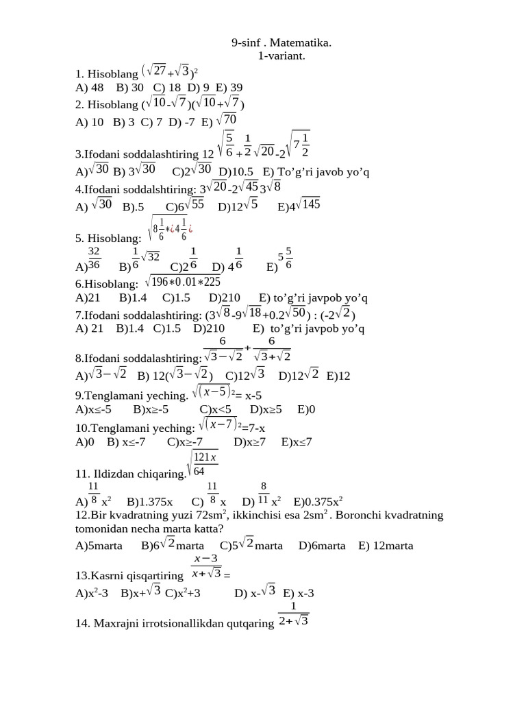 9th Grade Math Problems and Solutions | PDF