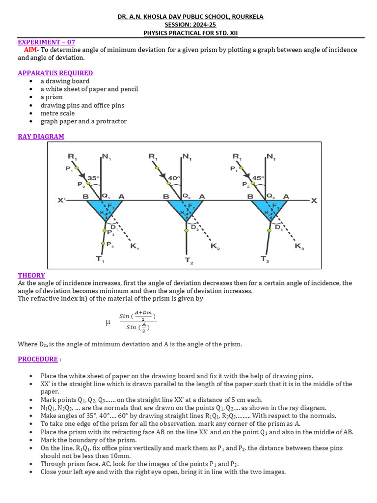 Minimum Deviation in Prism Experiment | PDF | Refraction | Optics