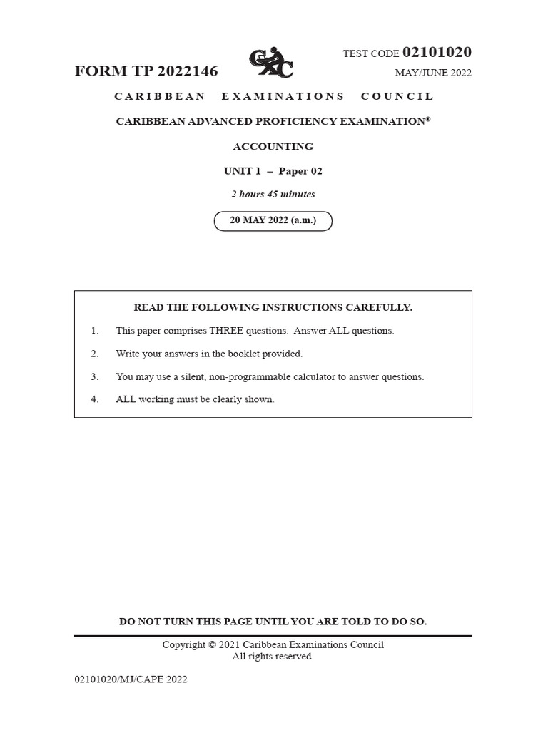 CAPE Accounting U1 P2 2022 MJ | PDF | Depreciation | Dividend