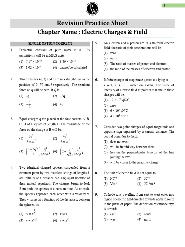 Sheet - Electric Chagres and Field - Physics - 12th NEET - Vikash ...