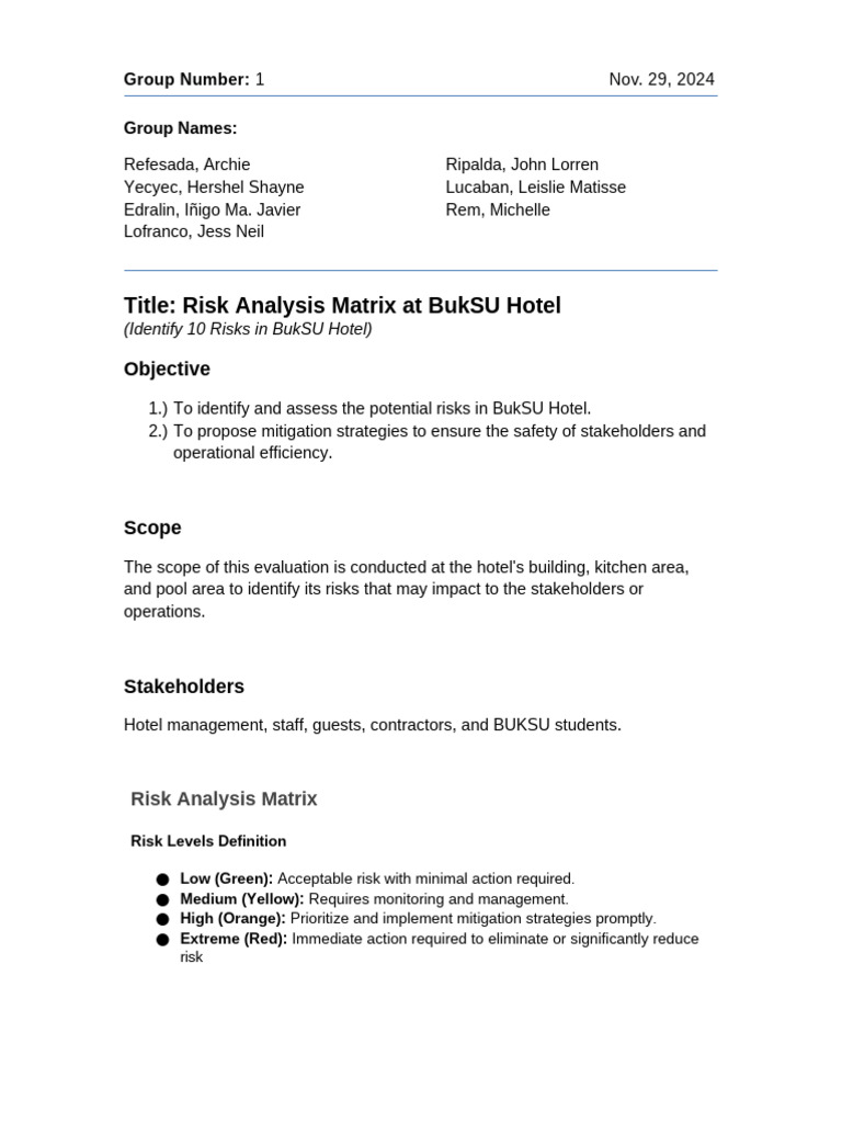 B112 Risk Analysis Matrix BukSU Hotel 20 | PDF | Risk | Risk Management