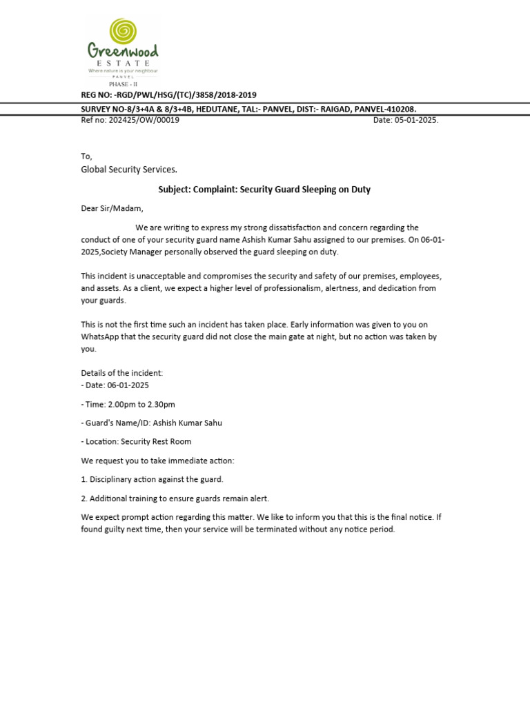 Letter To Global Security Services | PDF