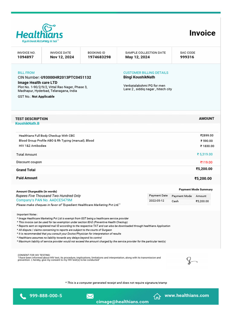 Health Checkup Invoice - Healthians | PDF | Invoice | Value Added Tax