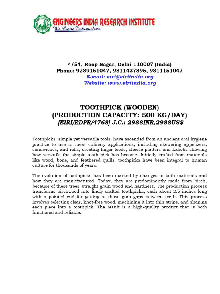 Toothpick Manufacturing Project Overview | PDF | Capital (Economics ...