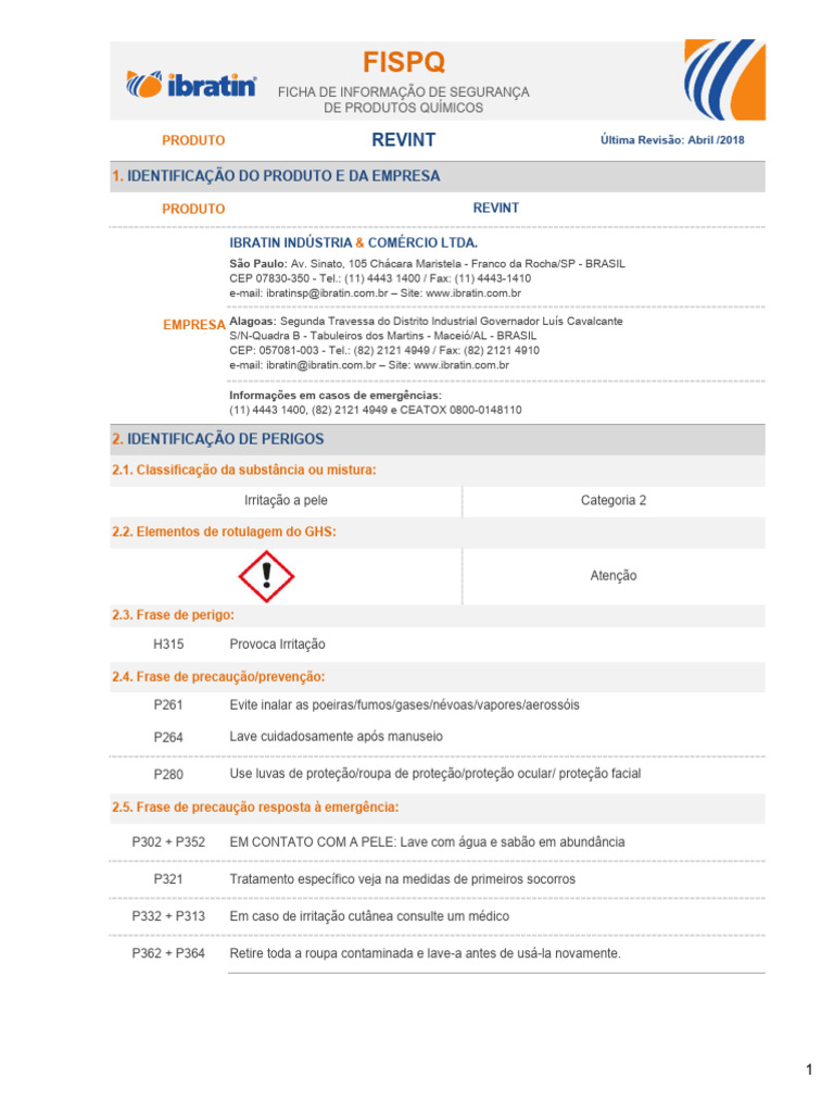 Ficha de Segurança do Produto REVINT | PDF | Embalagem e rotulagem ...