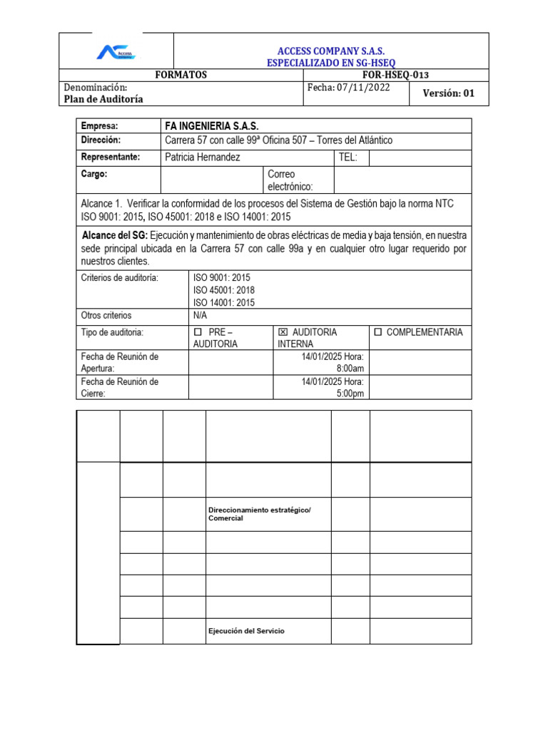 Plan de Auditoría ISO 9001, 45001, 14001 | PDF | Auditoría | Business
