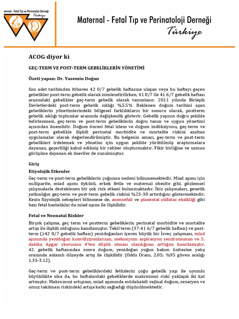 Gec Term Ve Post Term Gebeliklerin Yonetimi 31012017 | PDF